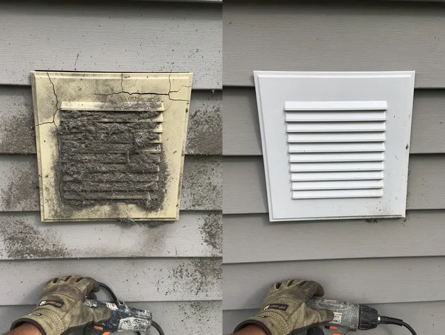 Highland Dryer Vent Cleaning technician installing high-quality dryer vent cover at a residential property in Highland